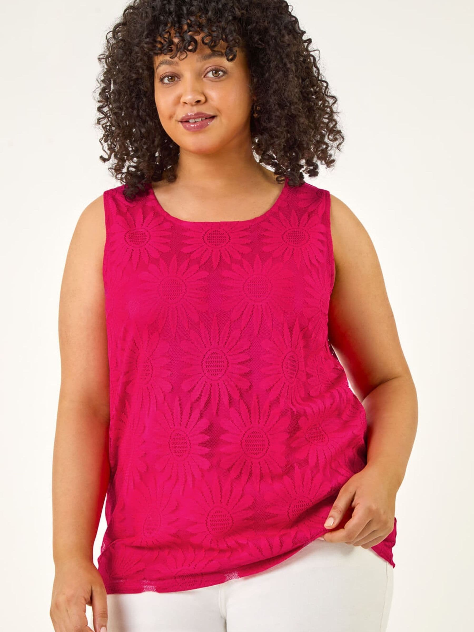 Roman Women's Pink Curve Sunflower Lace Texture Vest