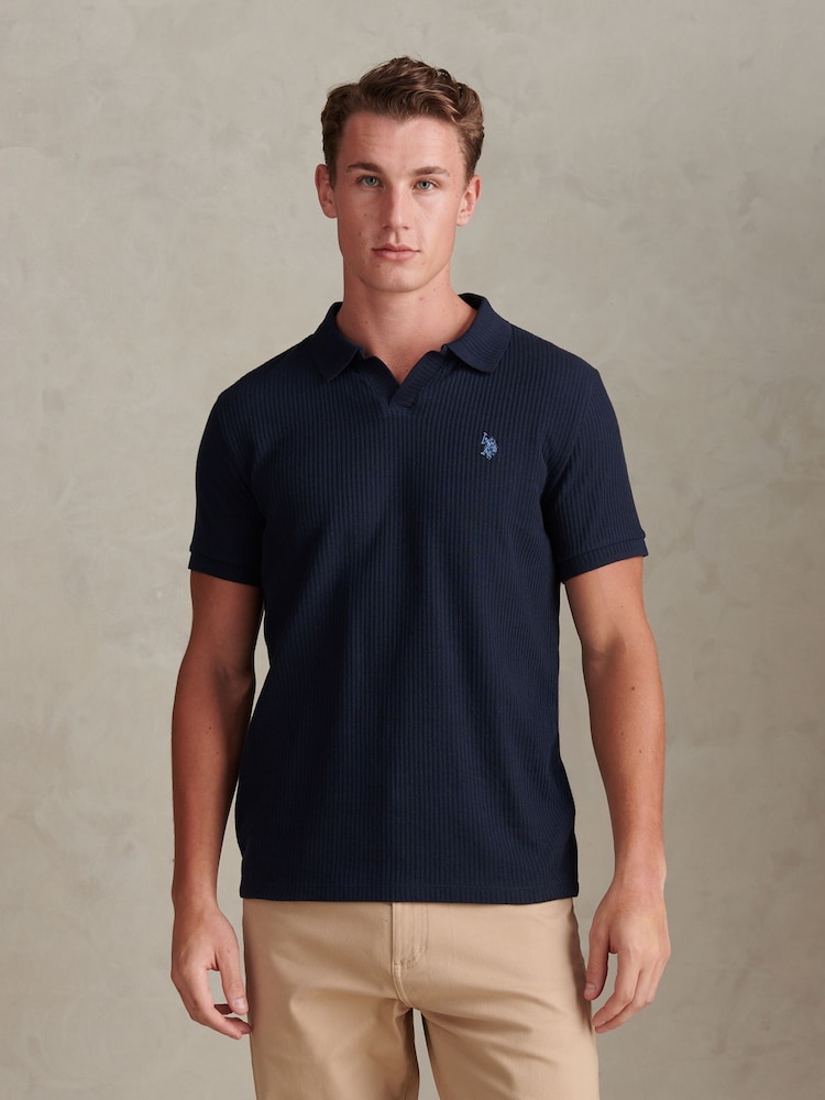 U.S. Polo Assn Navy Mini Vertical Texture Open Collar Polo Shirt - Image 1 of 7