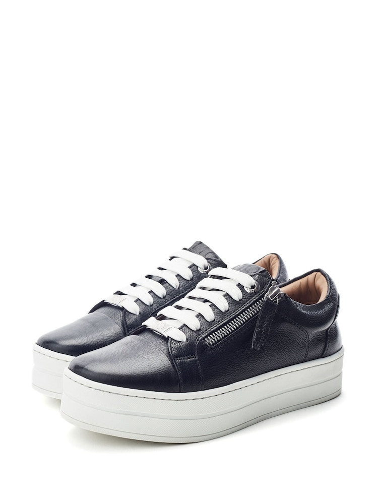 Moda in Pelle Black Abbee Leather Slab Sole Lace Up Trainers With Zip - Image 2 of 2