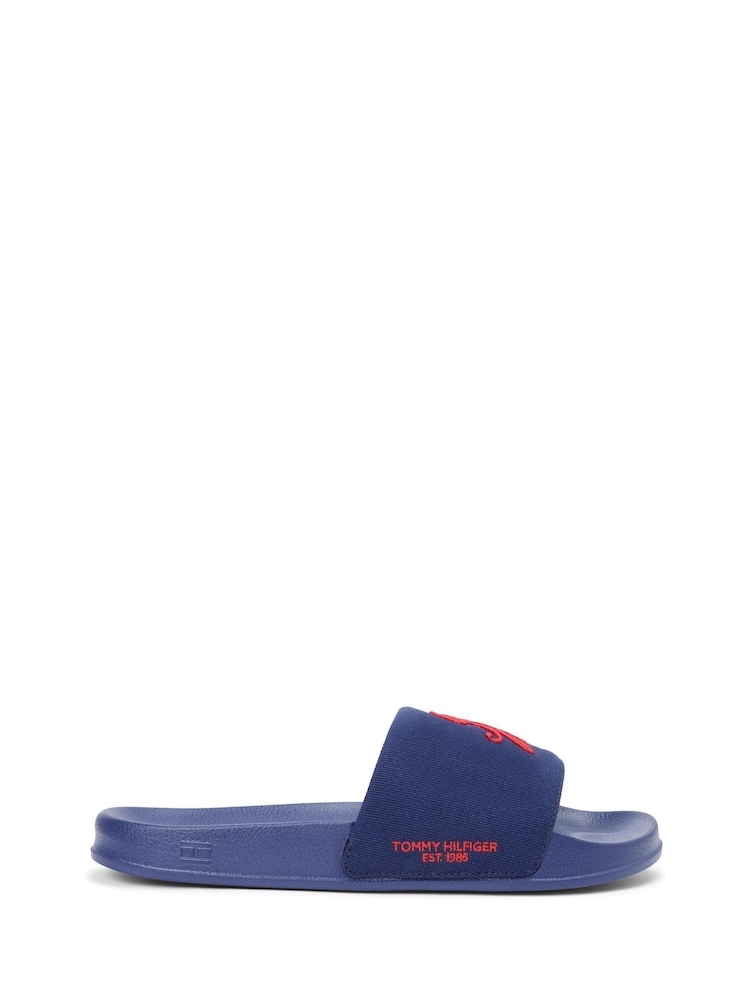 Tommy Hilfiger Blue Logo Embroidery Canvas Pool Slides - Image 1 of 6 Tommy Hilfiger Blue Logo Embroidery Canvas Pool Slides - Image 1 of 6