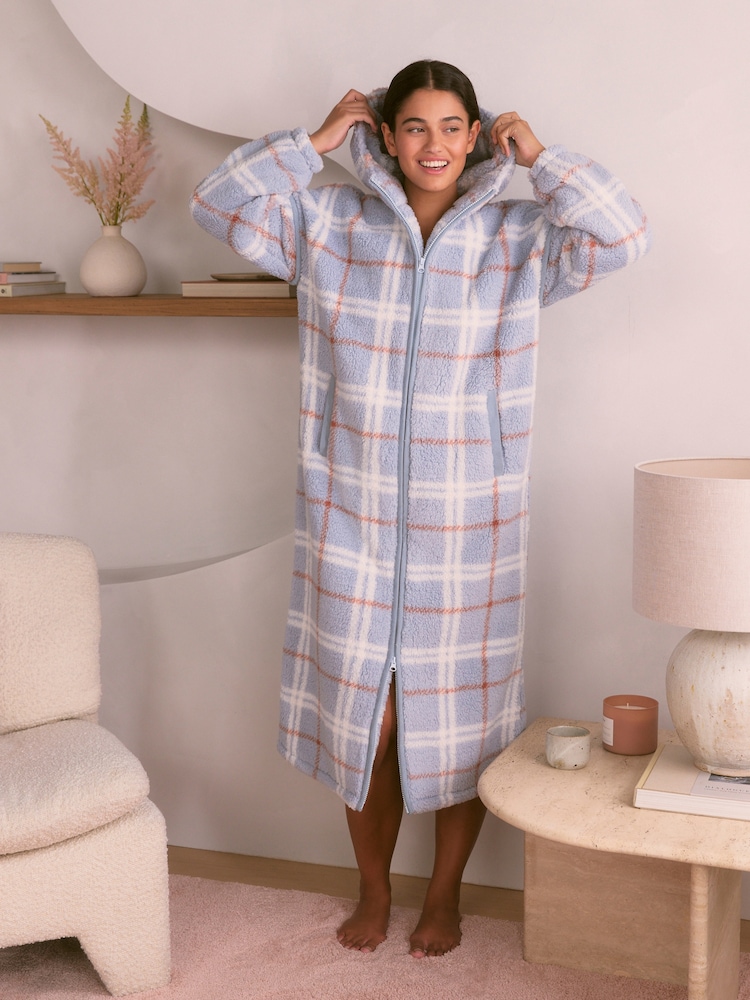 Bath & Body Works Blue Check Full Zip Cosy Robe with Hood - Image 1 of 6 Bath & Body Works Blue Check Full Zip Cosy Robe with Hood - Image 1 of 6