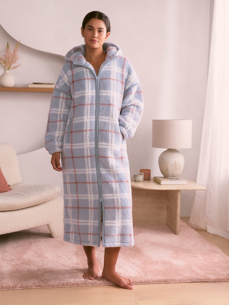 Bath & Body Works Blue Check Full Zip Cosy Robe with Hood - Image 2 of 6 Bath & Body Works Blue Check Full Zip Cosy Robe with Hood - Image 2 of 6