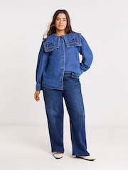 Simply Be Blue Oversized Collar Embroidered Denim Shirt - Image 1 of 4