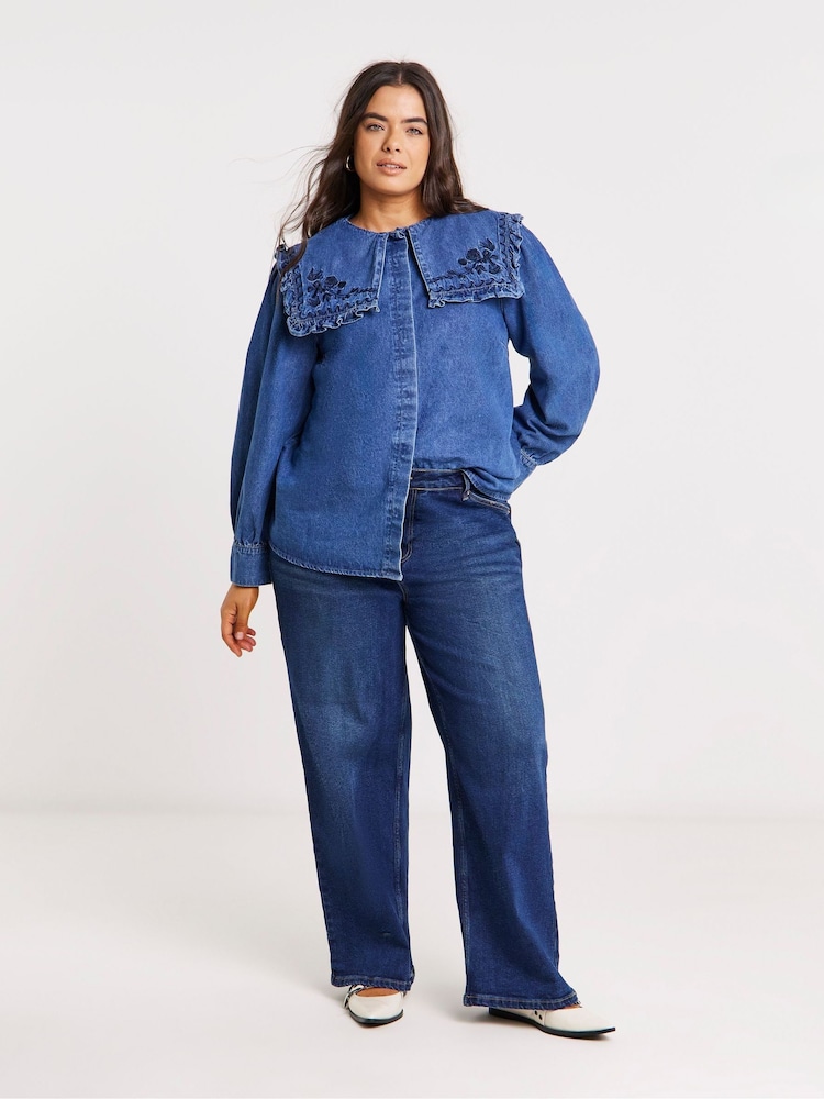 Simply Be Blue Oversized Collar Embroidered Denim Shirt - Image 1 of 4