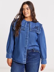 Simply Be Blue Oversized Collar Embroidered Denim Shirt - Image 2 of 4