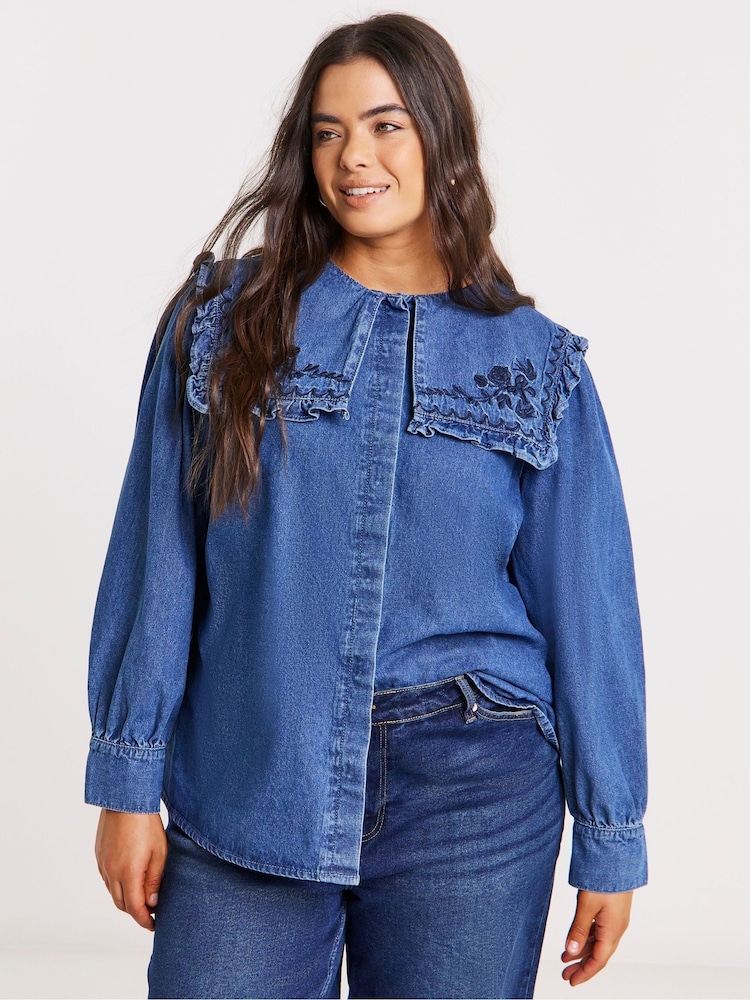 Simply Be Blue Oversized Collar Embroidered Denim Shirt - Image 2 of 4