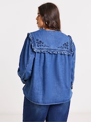 Simply Be Blue Oversized Collar Embroidered Denim Shirt - Image 3 of 4