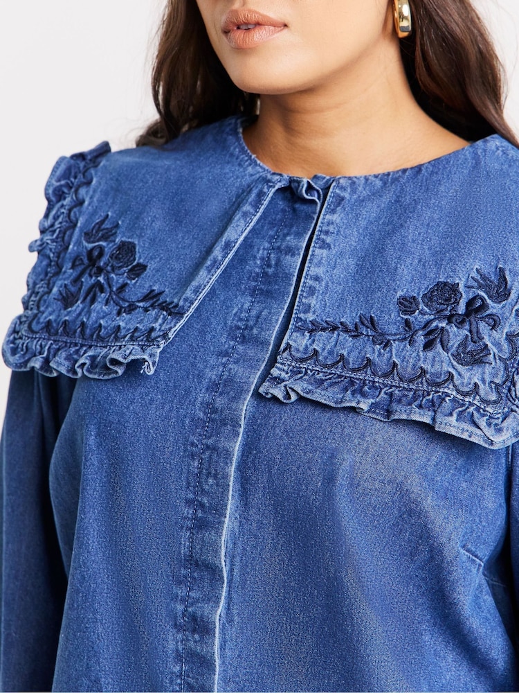 Simply Be Blue Oversized Collar Embroidered Denim Shirt - Image 4 of 4