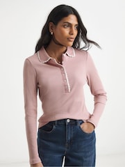Simply Be Natural Contrast Scallop Trim Long Sleeve Polo Top - Image 1 of 4