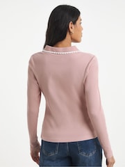 Simply Be Natural Contrast Scallop Trim Long Sleeve Polo Top - Image 2 of 4