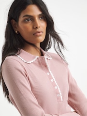 Simply Be Natural Contrast Scallop Trim Long Sleeve Polo Top - Image 4 of 4