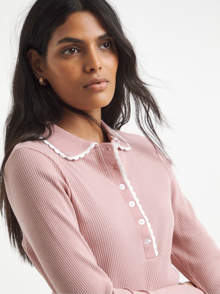 Simply Be Natural Contrast Scallop Trim Long Sleeve Polo Top - Image 4 of 4 Simply Be Natural Contrast Scallop Trim Long Sleeve Polo Top - Image 4 of 4