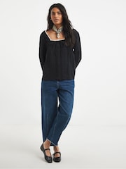 Simply Be Black Square Neck Lace Trim Prarie Blouse - Image 1 of 4