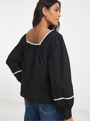 Simply Be Black Square Neck Lace Trim Prarie Blouse - Image 2 of 4