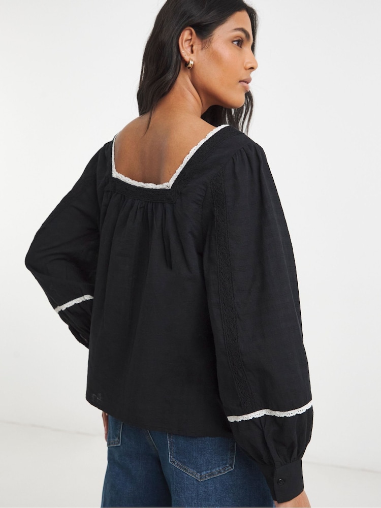 Simply Be Black Square Neck Lace Trim Prarie Blouse - Image 2 of 4 Simply Be Black Square Neck Lace Trim Prarie Blouse - Image 2 of 4
