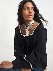 Simply Be Black Square Neck Lace Trim Prarie Blouse - Image 3 of 4