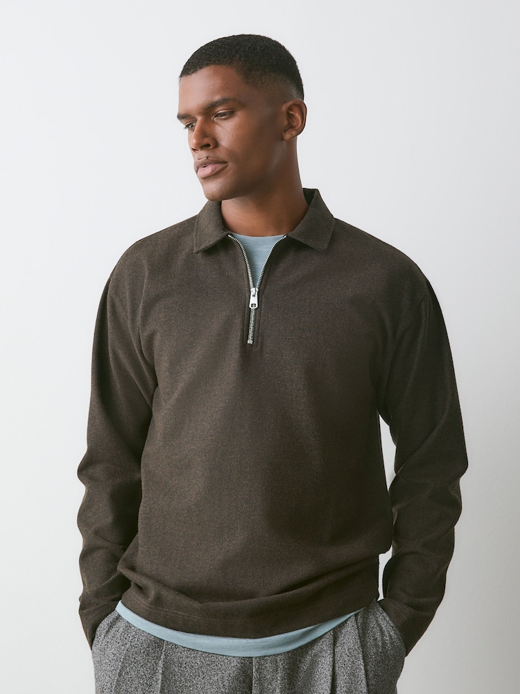 Brown Heritage Herringbone Long Sleeve Polo Shirt - Image 1 of 7