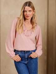 Love & Roses Pink Lace Embroidered V-Neck Top - Image 1 of 4