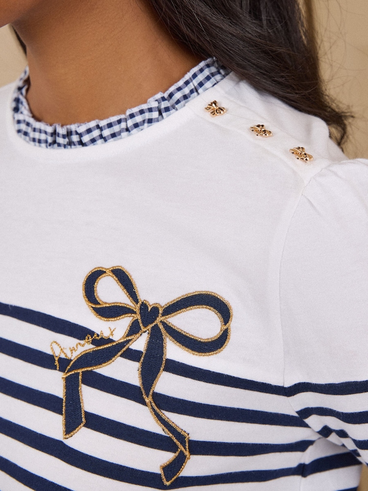 Love & Roses Navy Blue Embroidered Bow Long Sleeve Top - Image 2 of 4 Love & Roses Navy Blue Embroidered Bow Long Sleeve Top - Image 2 of 4