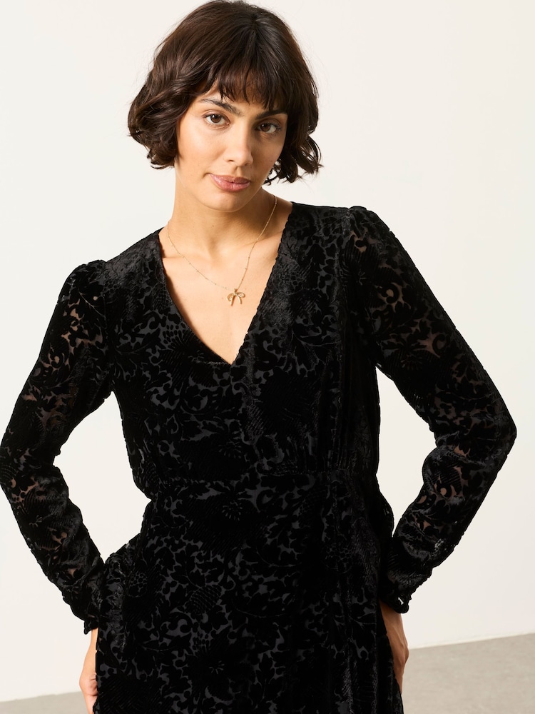 FatFace Claudia Black Devore Midi Dress - Image 1 of 5 FatFace Claudia Black Devore Midi Dress - Image 1 of 5