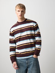 Burgundy Red/White Horizontal Striped Long Sleeve T-Shirt - Image 1 of 7