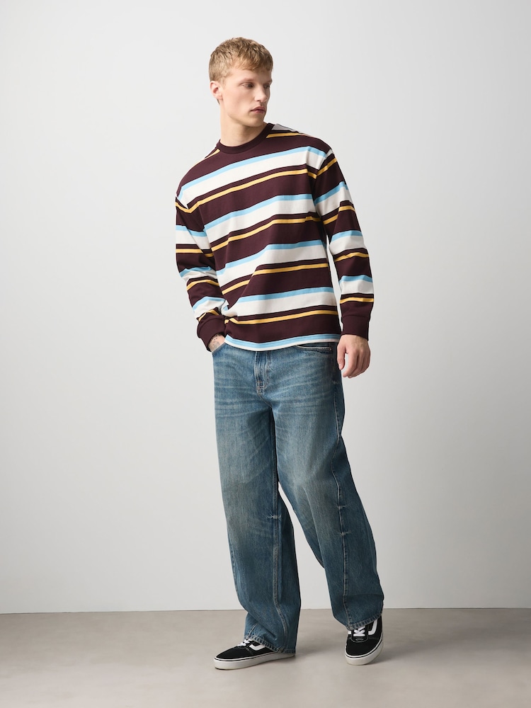 Burgundy Red/White Horizontal Striped Long Sleeve T-Shirt - Image 2 of 7