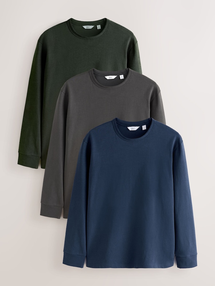 Black/Navy/Charcoal Grey Relaxed Fit Long Sleeve T-Shirts 3 Pack - Image 1 of 9 Black/Navy/Charcoal Grey Relaxed Fit Long Sleeve T-Shirts 3 Pack - Image 1 of 9