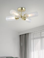 Searchlight Satin Brass Barron 4LT Flush, Clear Ribbed Glass - Image 1 of 3