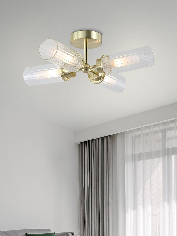 Searchlight Satin Brass Barron 4LT Flush, Clear Ribbed Glass - Image 1 of 3