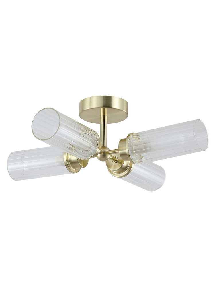 Searchlight Satin Brass Barron 4LT Flush, Clear Ribbed Glass - Image 2 of 3