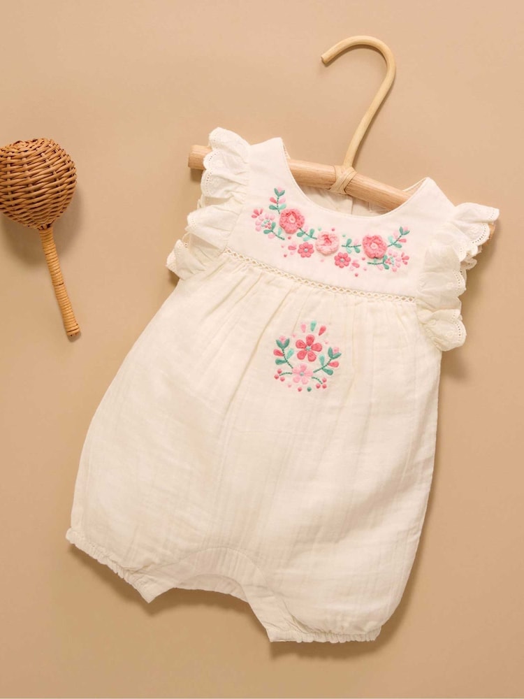 Purebaby White Embroidered Floral White Romper - Image 1 of 5 Purebaby White Embroidered Floral White Romper - Image 1 of 5