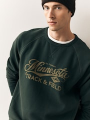 Dark Green Graphic Soft Loopback Crew Neck Sweatshirt - Image 1 of 4