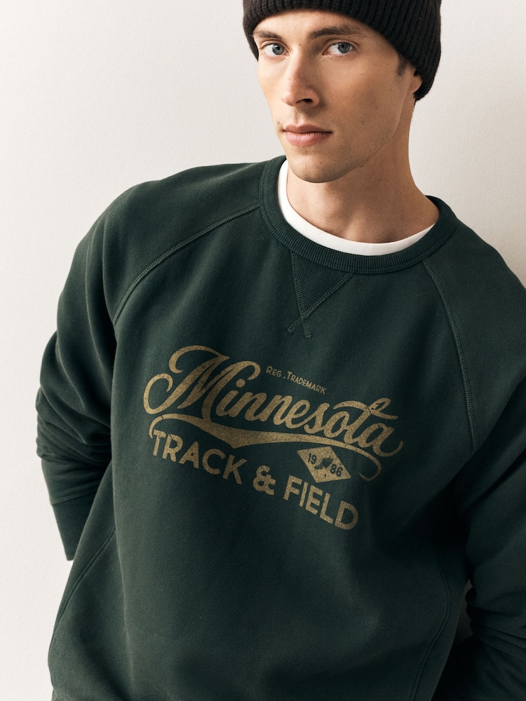 Dark Green Graphic Soft Loopback Crew Neck Sweatshirt - Image 1 of 4 Dark Green Graphic Soft Loopback Crew Neck Sweatshirt - Image 1 of 4