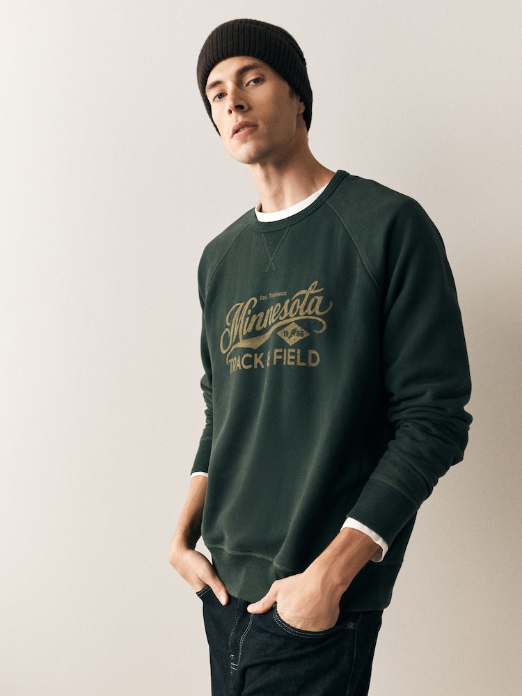 Dark Green Graphic Soft Loopback Crew Neck Sweatshirt - Image 2 of 4 Dark Green Graphic Soft Loopback Crew Neck Sweatshirt - Image 2 of 4