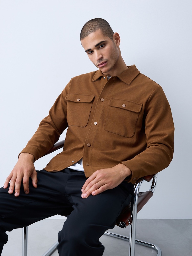 Caramel Brown Jersey Twill Popper Shacket - Image 1 of 5