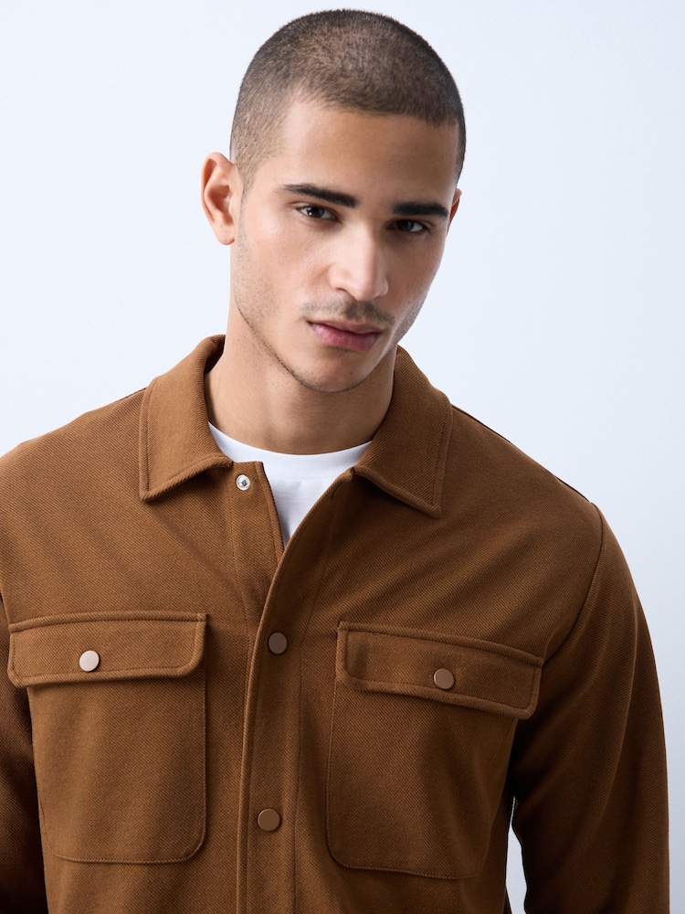 Caramel Brown Jersey Twill Popper Shacket - Image 5 of 5