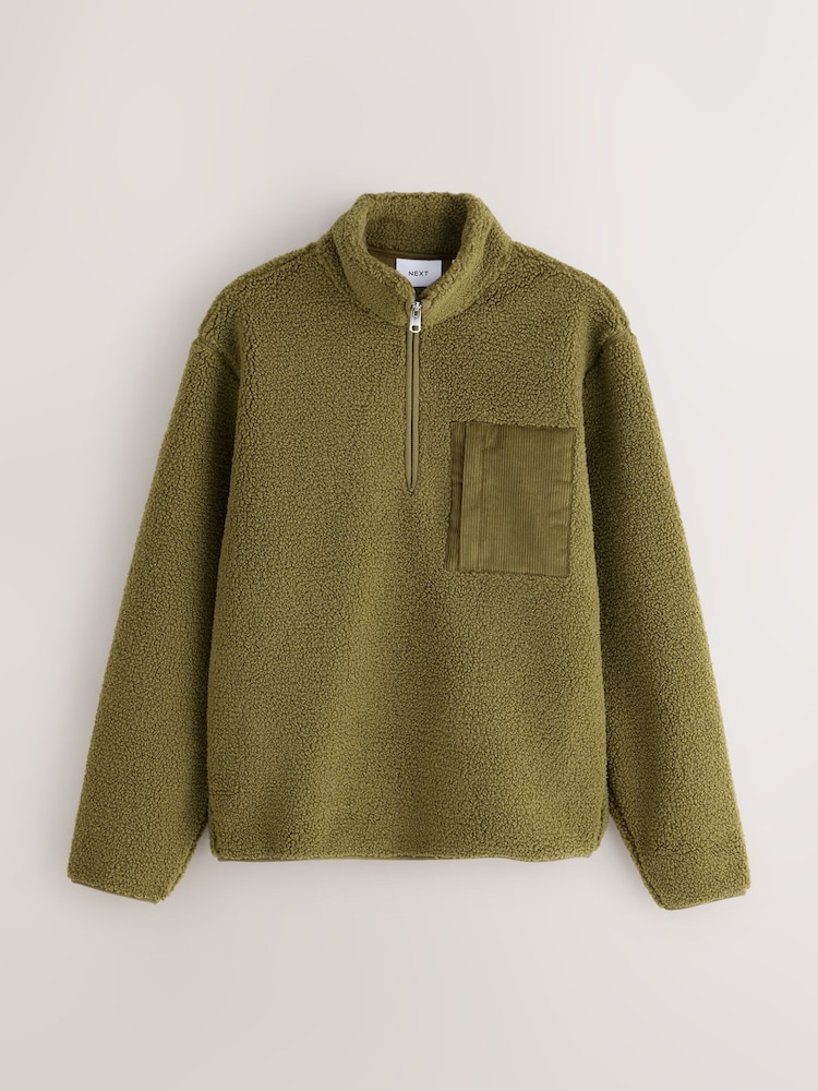 Olive Green Borg Quarter Zip Fleece - Image 1 of 3 Olive Green Borg Quarter Zip Fleece - Image 1 of 3