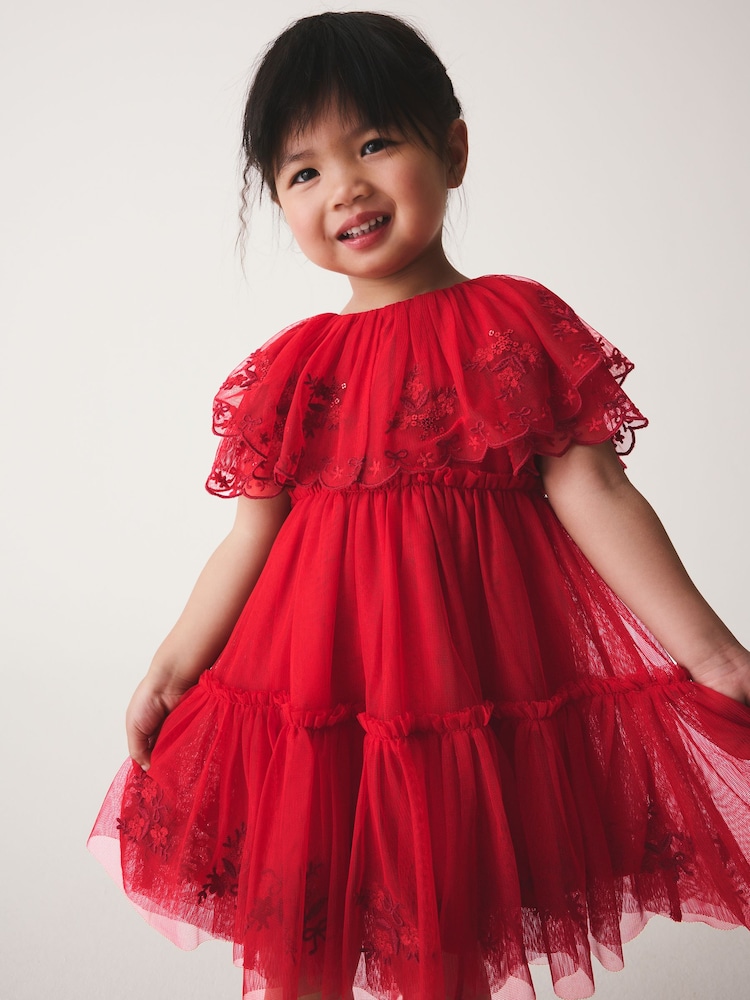 Svetlo Crveno - Embroidered Mesh Cape Occasion Dress (3mths-8yrs) - Slika 1 od 8 Svetlo Crveno - Embroidered Mesh Cape Occasion Dress (3mths-8yrs) - Slika 1 od 8