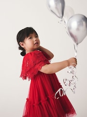 Svetlo Crveno - Embroidered Mesh Cape Occasion Dress (3mths-8yrs) - Slika 3 od 8