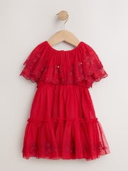 Svetlo Crveno - Embroidered Mesh Cape Occasion Dress (3mths-8yrs) - Slika 6 od 8