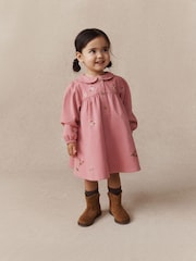 Dusky Pink Embroidered Long Sleeve Twill Dress (3mths-8yrs) - Image 1 of 10