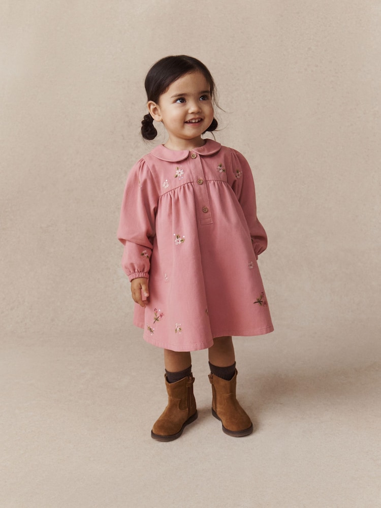 Dusky Pink Embroidered Long Sleeve Twill Dress (3mths-8yrs) - Image 1 of 10