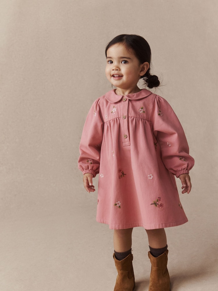 Dusky Pink Embroidered Long Sleeve Twill Dress (3mths-8yrs) - Image 2 of 10