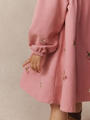 Dusky Pink Embroidered Long Sleeve Twill Dress (3mths-8yrs) - Image 5 of 10