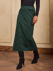 Love & Roses Forest Green Tailored Tartan Velvet Detail Pencil Midi Skirt - Image 1 of 4