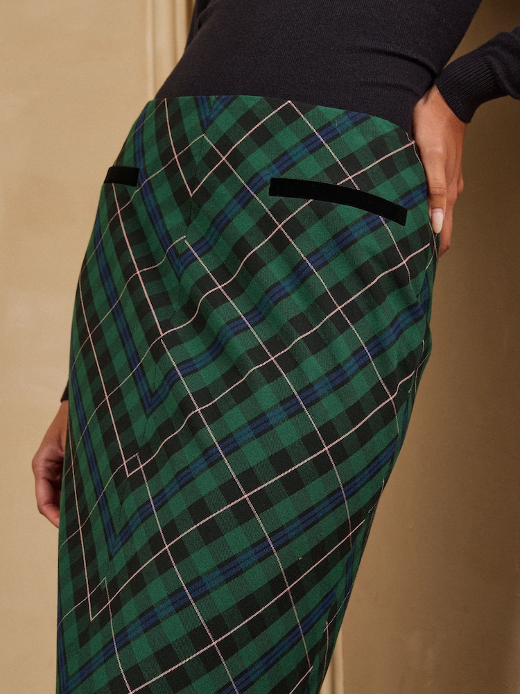 Love & Roses Forest Green Tailored Tartan Velvet Detail Pencil Midi Skirt - Image 2 of 4