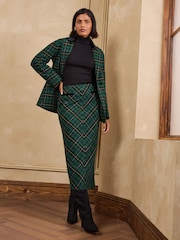 Love & Roses Forest Green Tailored Tartan Velvet Detail Pencil Midi Skirt - Image 3 of 4