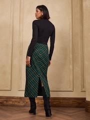 Love & Roses Forest Green Tailored Tartan Velvet Detail Pencil Midi Skirt - Image 4 of 4