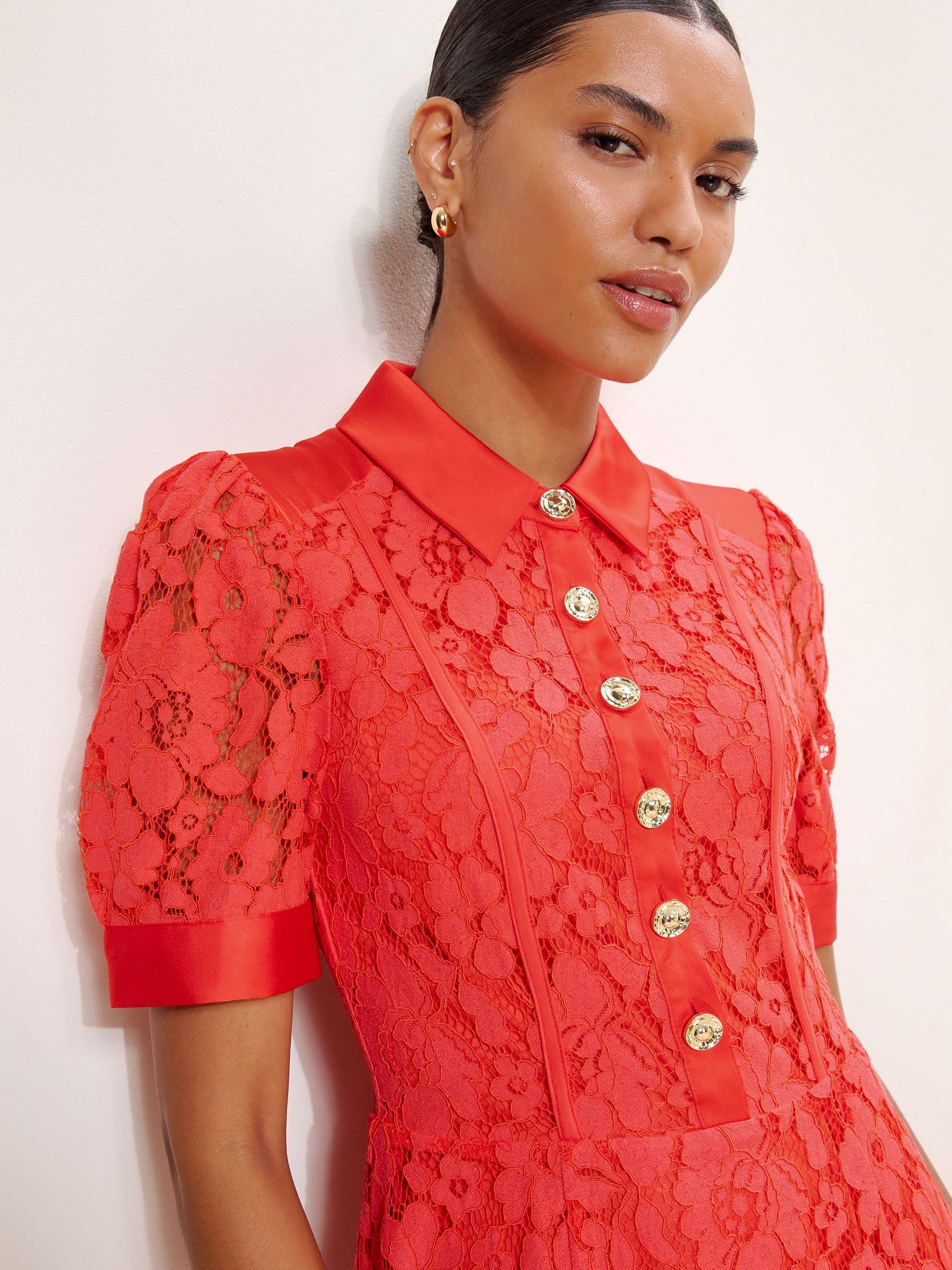 Buy Lipsy Red Lace Satin Mix Collar Buttoned Short Sleeve Mini