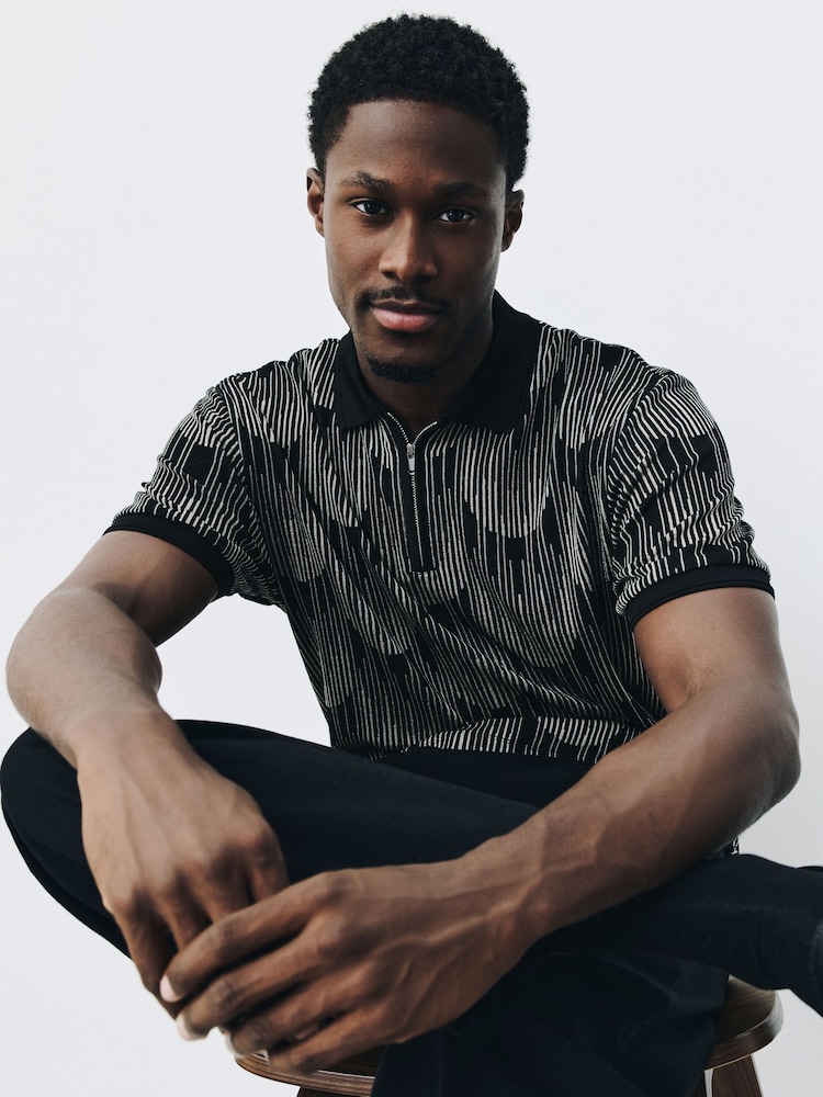 Gold/Black Party Pattern Smart Zip Neck Polo Shirt - Image 1 of 5 Gold/Black Party Pattern Smart Zip Neck Polo Shirt - Image 1 of 5